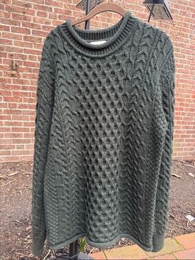 Men's Dark Olive Wool Cable Roll-Neck Sweater